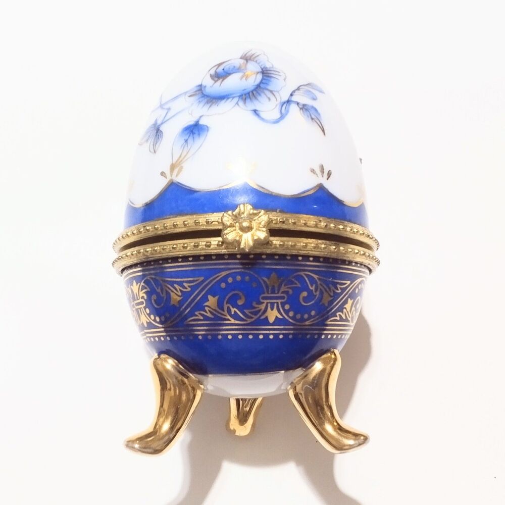 Vintage Faberge Style Porcelain Egg Trinket Box Cobalt Blue Gold Footed